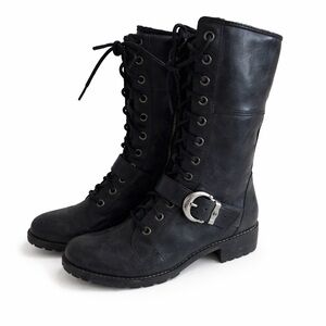 Timberland Black Leather Moto Boots with Buckle